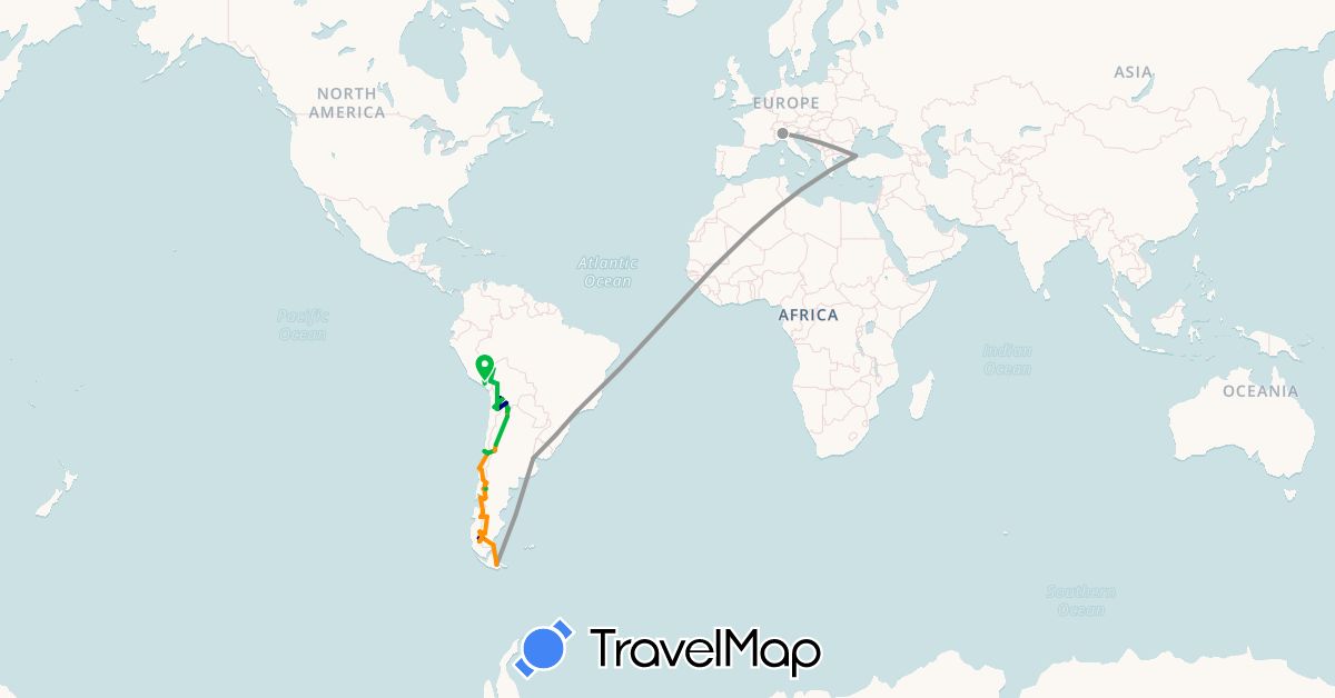 TravelMap itinerary: driving, bus, plane, boat, hitchhiking in Argentina, Bolivia, Brazil, Chile, Italy, Peru, Turkey (Asia, Europe, South America)